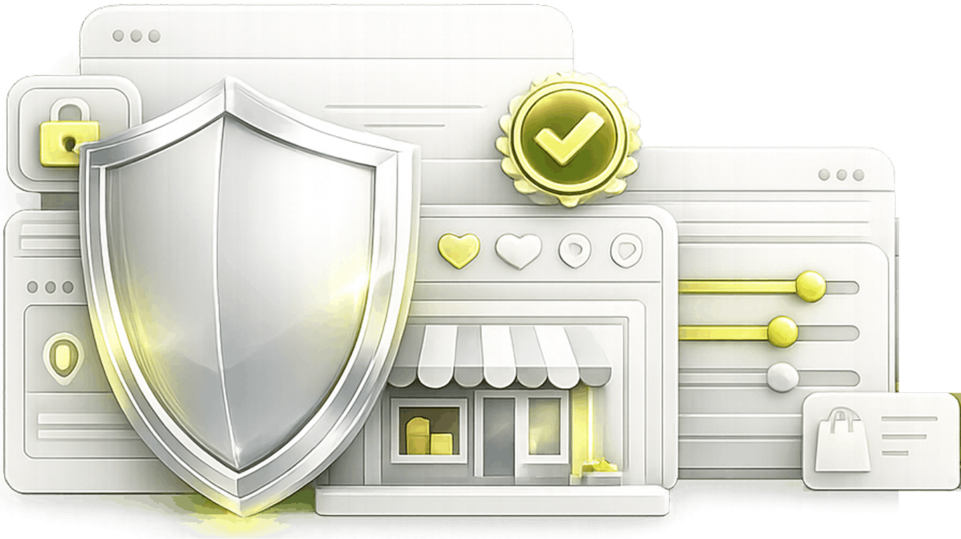 Compliance Shield and Seller Dashboards | Account Health Management Service Account Health Management Service - a protective shield and compliance badge in front of seller dashboards