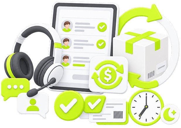 Support Headset and Ticket Queue | Ecommerce Customer Service Outsourcing Ecommerce Customer Service Outsourcing - a support headset and chat bubbles beside a resolved ticket queue