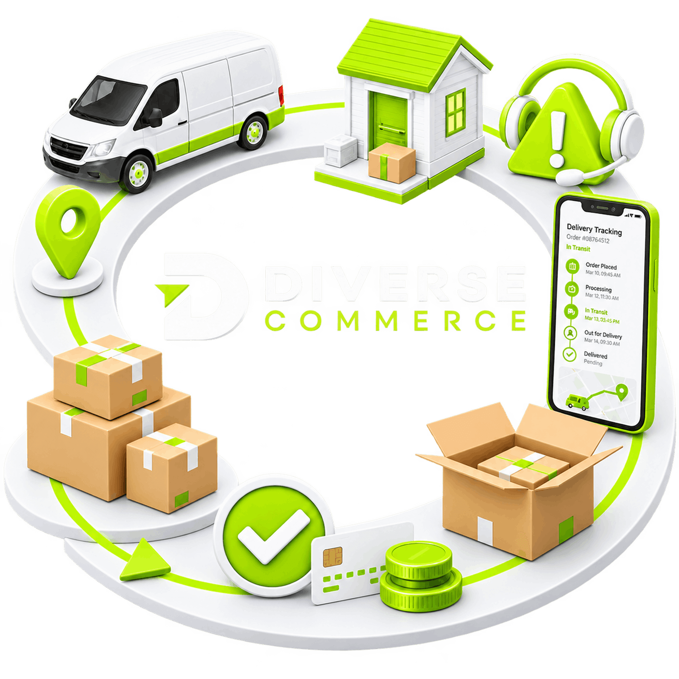 Delivery and Returns Loop | Ecommerce Returns and Delivery Management Ecommerce Returns and Delivery Management - a delivery van, a doorstep drop-off and an issue alert around one track