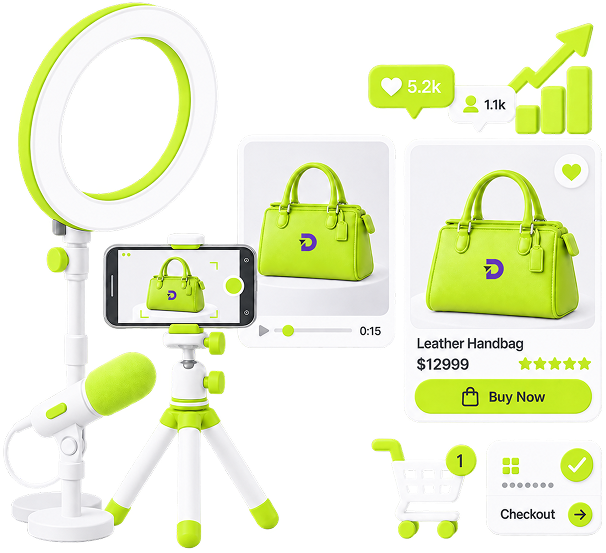 Ecommerce Store Promotion - a ring light, phone on a tripod and microphone shooting a handbag