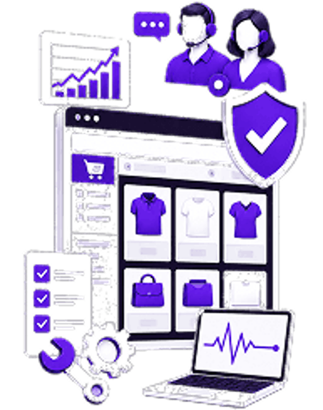 Storefront Under Review | Account Health Management Service Account Health Management Service - product listings on screen beside a performance chart, a compliance checklist