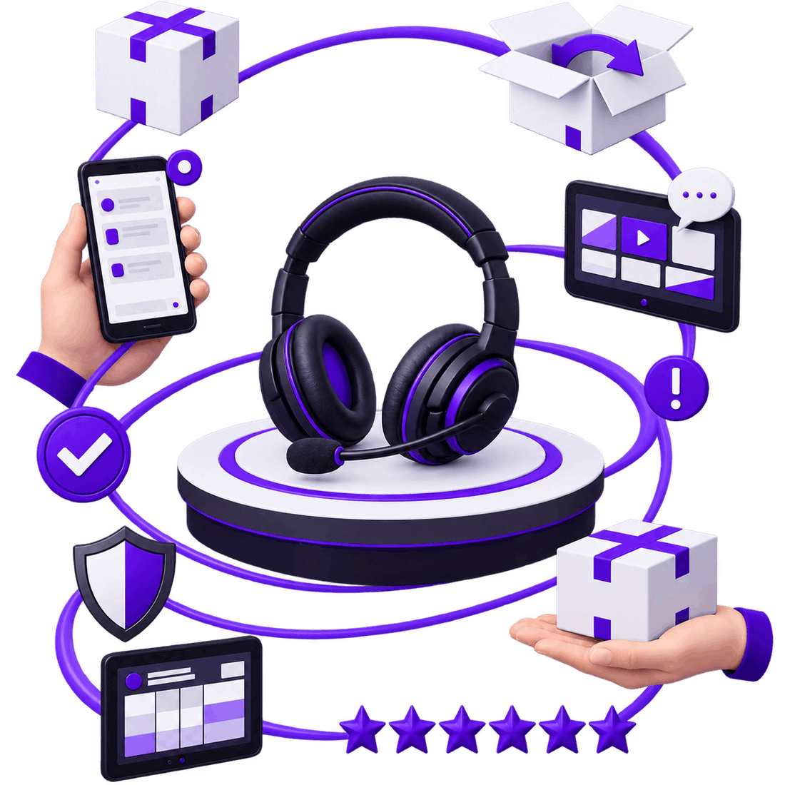 Support and Returns Together | Ecommerce Customer Service Outsourcing Ecommerce Customer Service Outsourcing - a headset ringed by message threads on a phone and tablet, a return being opened