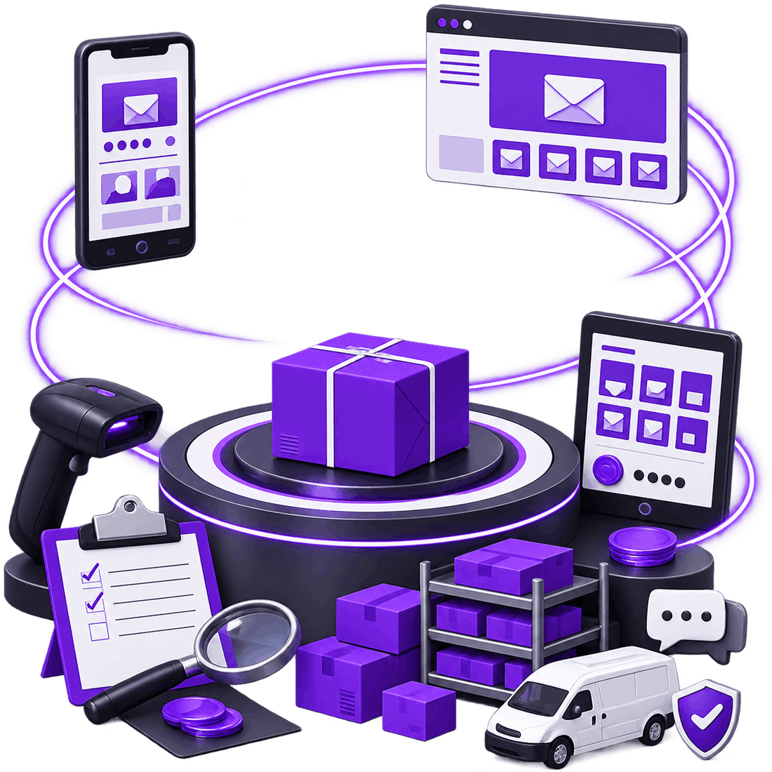 Supply Chain in Motion | Supplier Sourcing Service Supplier Sourcing Service - a parcel linked to supplier screens, with a barcode scanner, an approval checklist