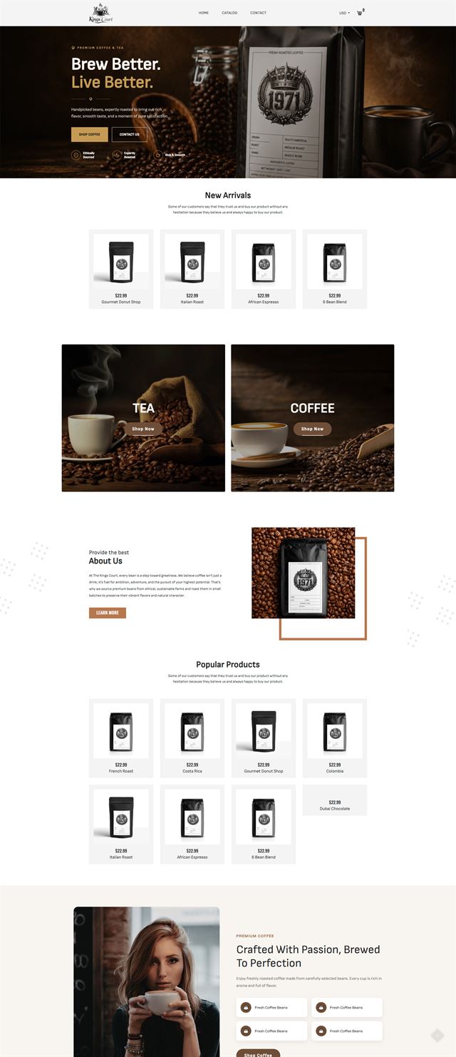 Shopify Store Development - a full-page storefront for a coffee and tea brand with a dark roastery hero