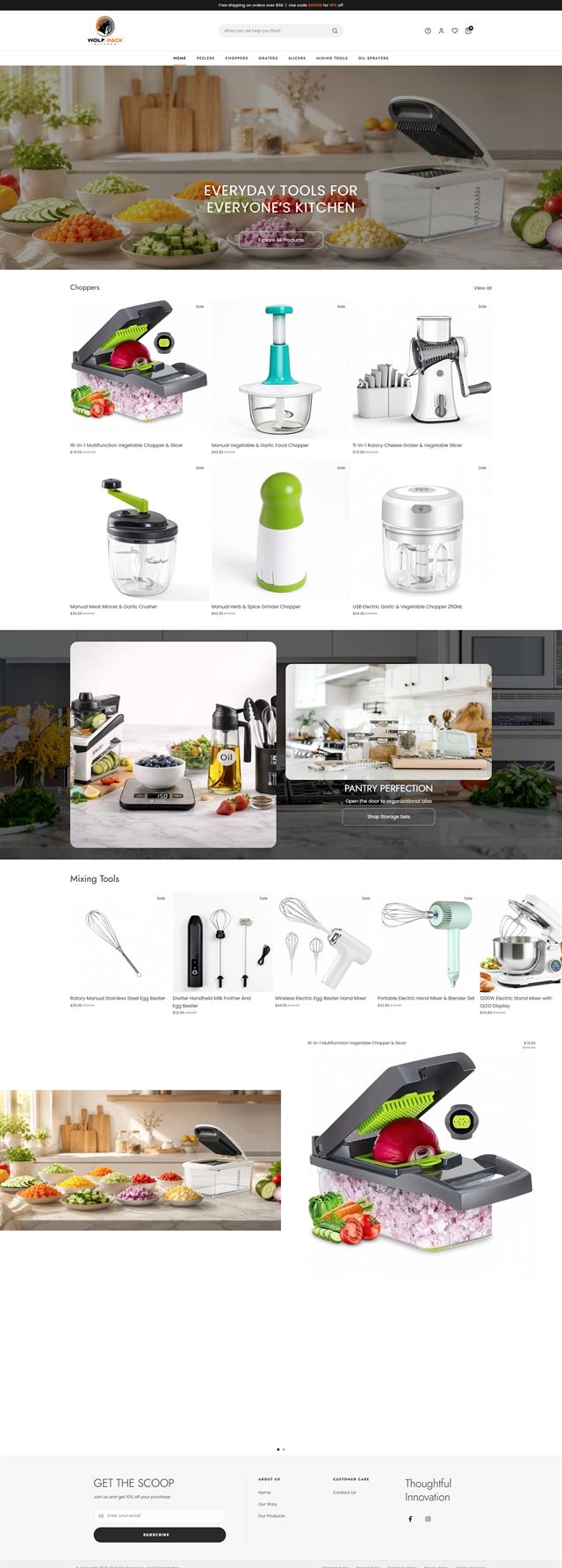 Shopify Store Development - a full-page storefront for a kitchen tools brand with a prepared-vegetables hero
