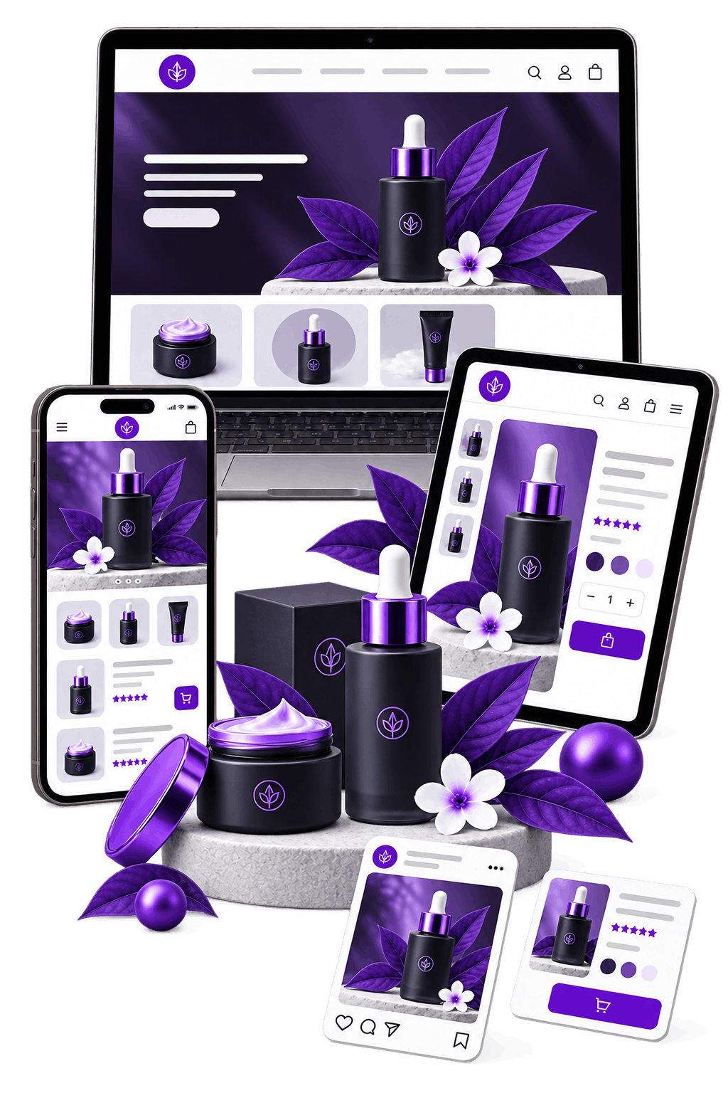 Ecommerce Branding and Marketing Services - a skincare range holding its look across a laptop storefront, a phone listing
