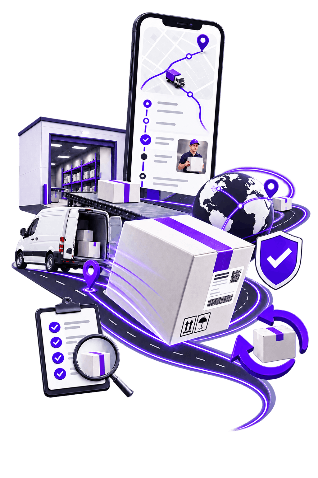 Delivery Route End to End | Ecommerce Returns and Delivery Management Ecommerce Returns and Delivery Management - a loading bay feeding a conveyor of parcels, a van being loaded