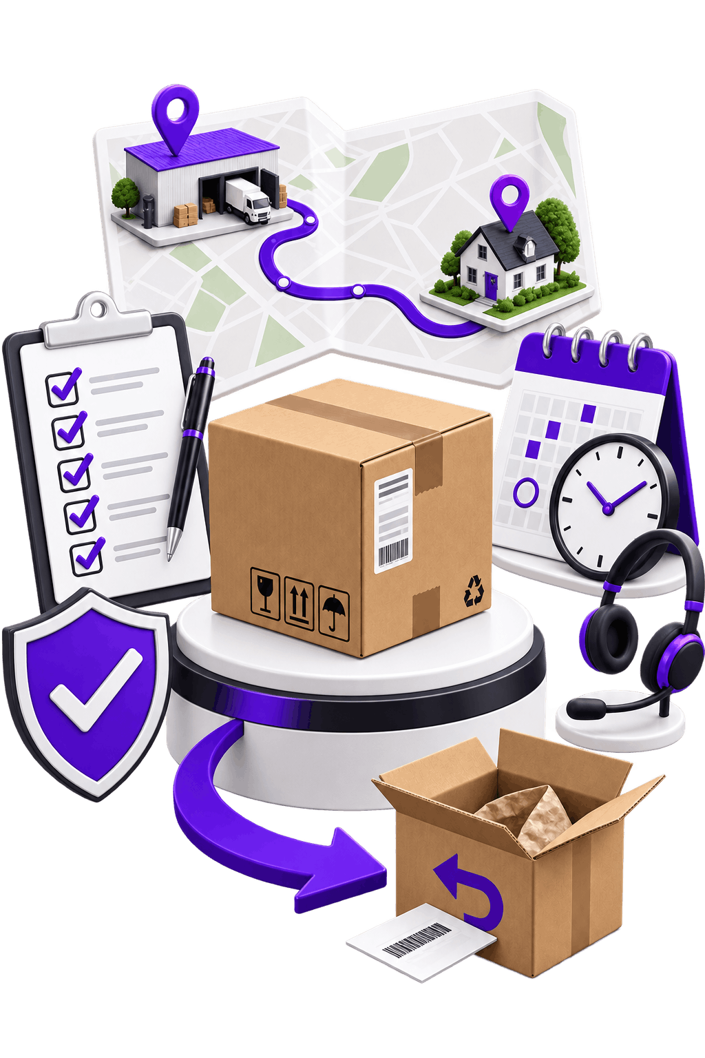 The Agreed Round Trip | Ecommerce Returns and Delivery Management Ecommerce Returns and Delivery Management - a mapped route from warehouse to home address, a completed checklist
