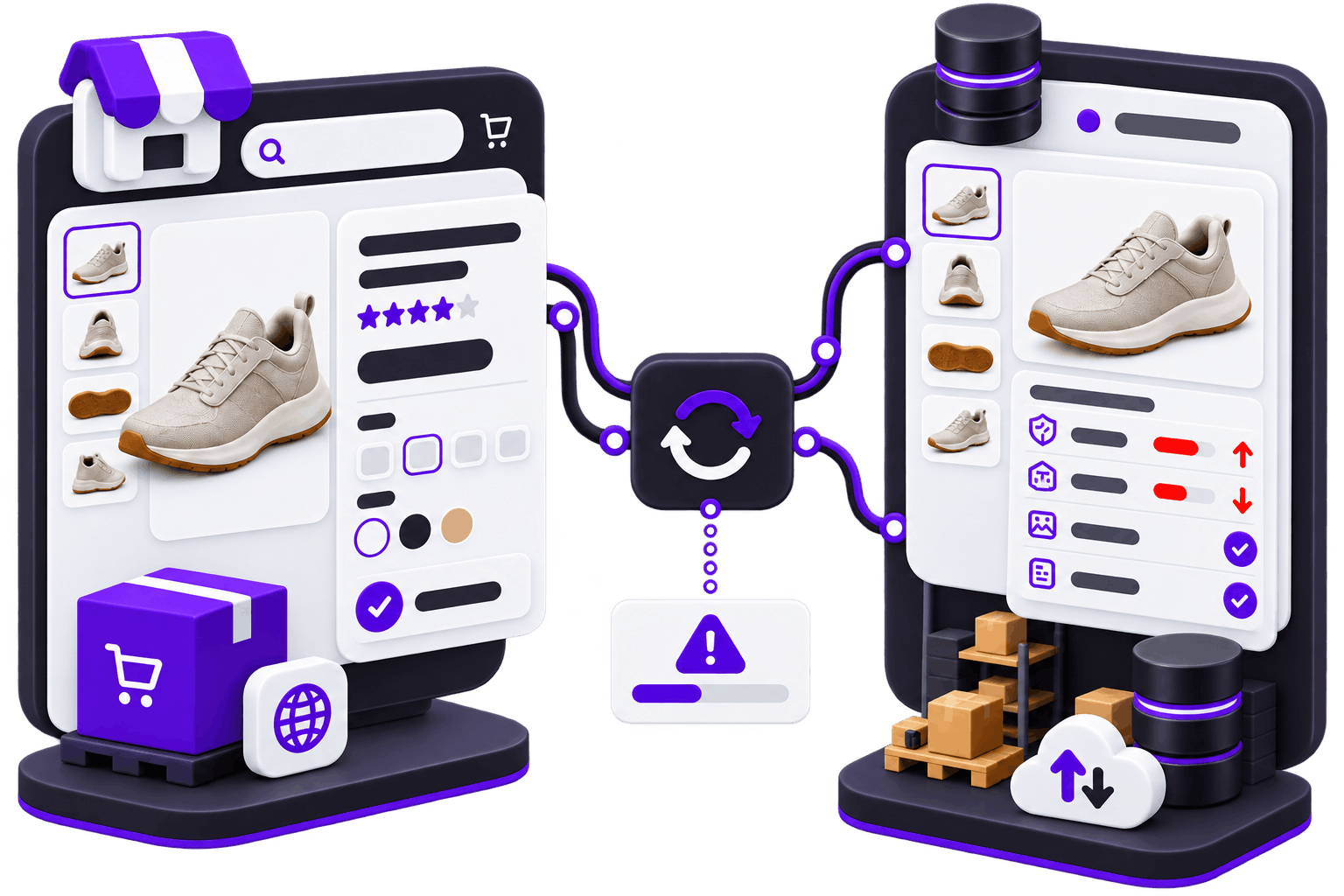 Listing and Supplier Record in Sync Product Listing and Supplier Management - a listing and the supplier record behind it joined by a sync icon that raises